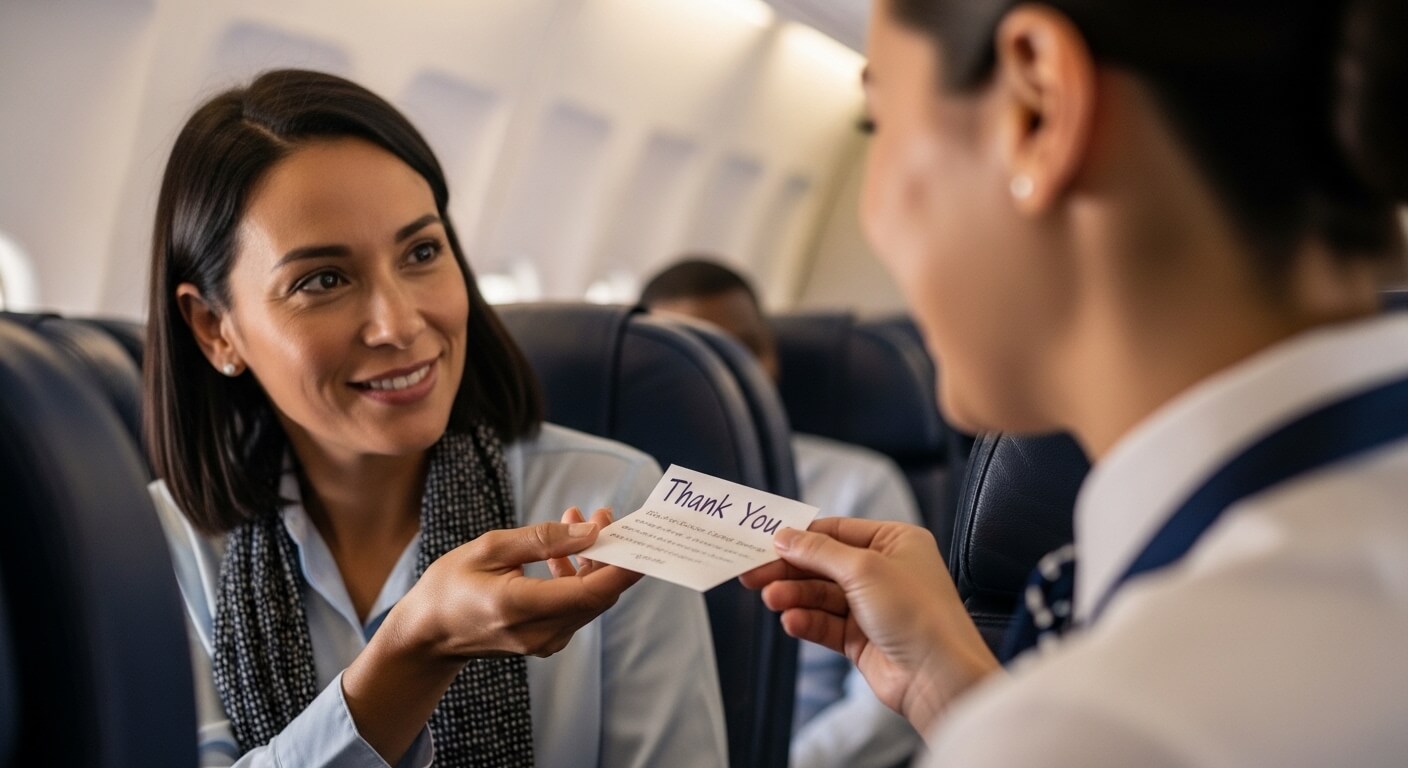 Passenger smiling and receiving a thank you card from a flight attendant on an airplane.