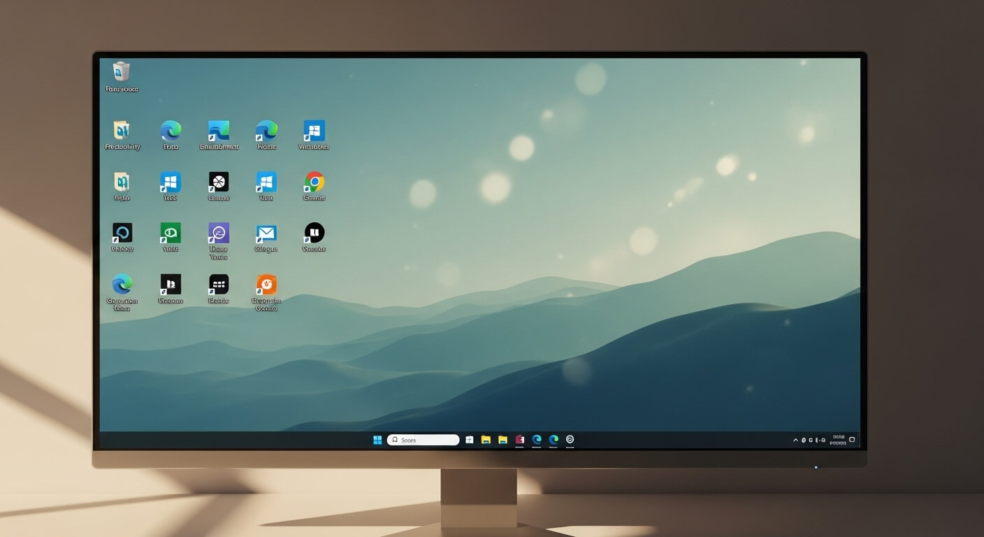 Windows 11 desktop screen with multiple application icons and a mountain landscape wallpaper on a widescreen monitor