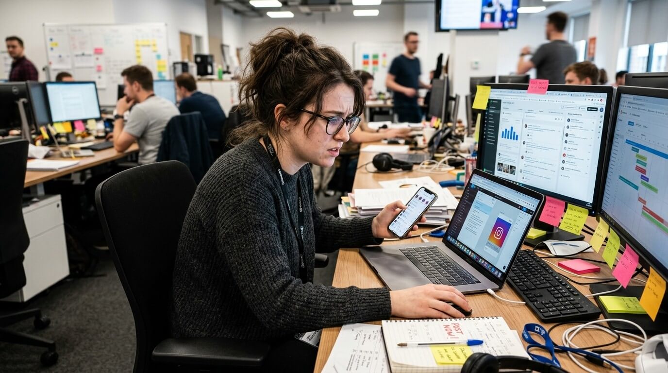 Woman in glasses working at a desk with multiple monitors and a smartphone in a busy office environment