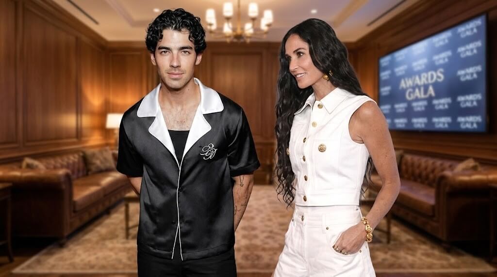 Joe Jonas in a black satin shirt and Demi Moore in a white sleeveless outfit at an awards gala lounge.