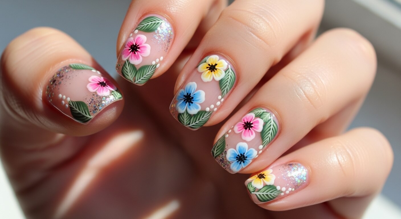 Hand with floral nail art featuring pink, blue, and yellow flowers with green leaves on a nude base with glitter accents.