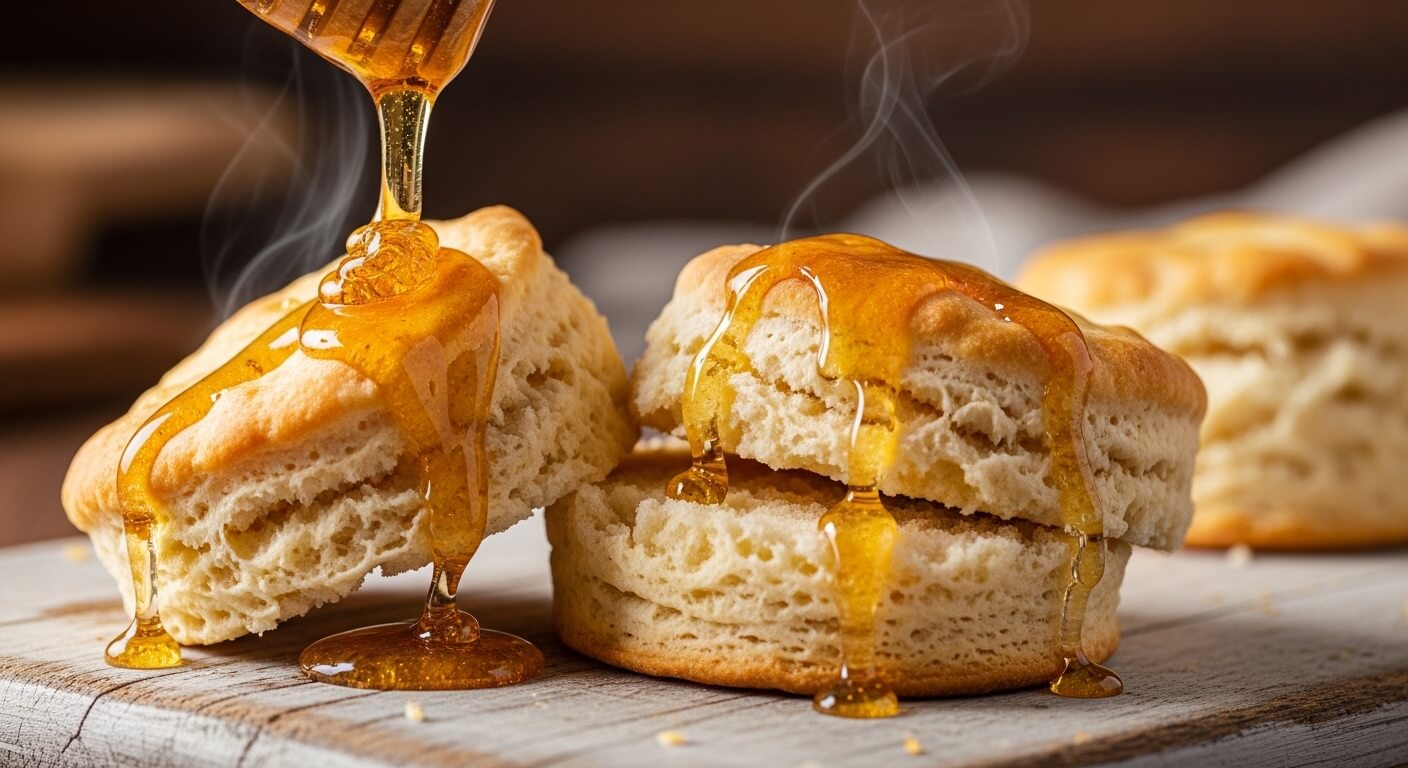 Honey being poured over warm, steaming biscuits on a wooden surface.