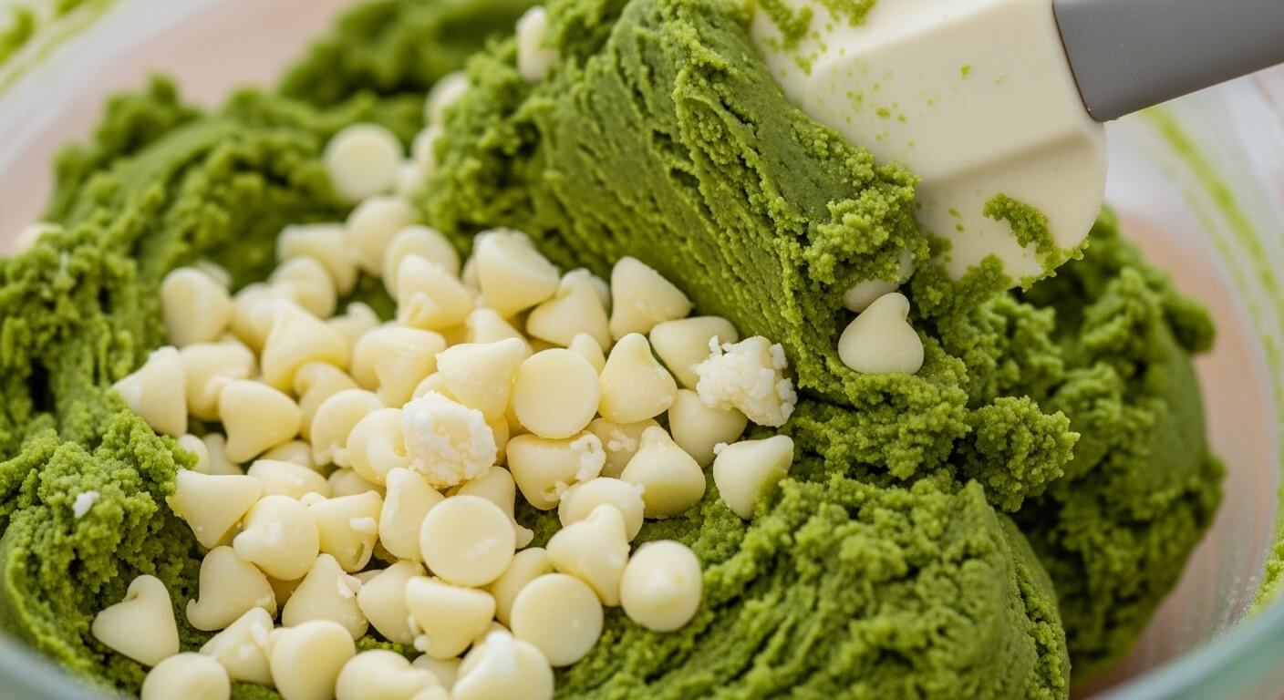 Green matcha cookie dough with white chocolate chips and a white spatula in a mixing bowl
