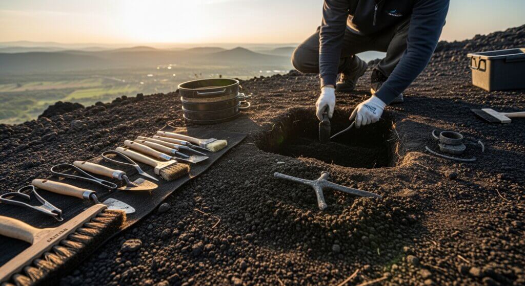 Archaeologist excavating a site with hand tools on volcanic soil at sunset.