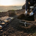 Archaeologist excavating a site with hand tools on volcanic soil at sunset.