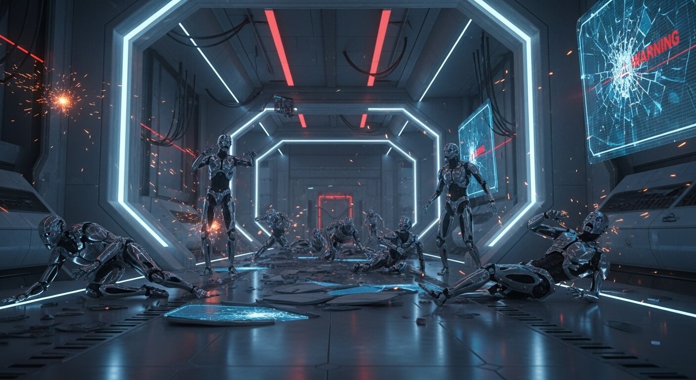 Damaged humanoid robots scattered in a futuristic corridor with sparks and cracked warning screens.