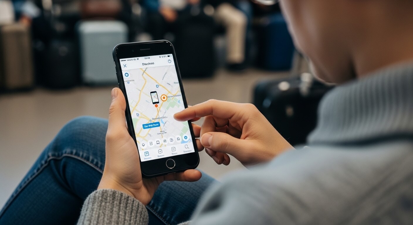 Person using a smartphone with a map and location tracking app in a waiting area with luggage in the background.