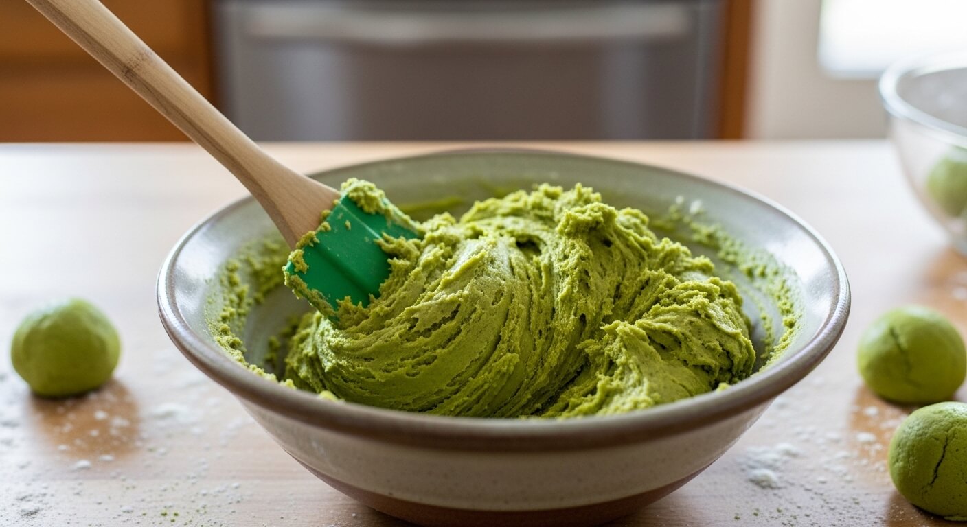 Green matcha cookie dough in a bowl with a green spatula and rolled dough balls on a wooden surface