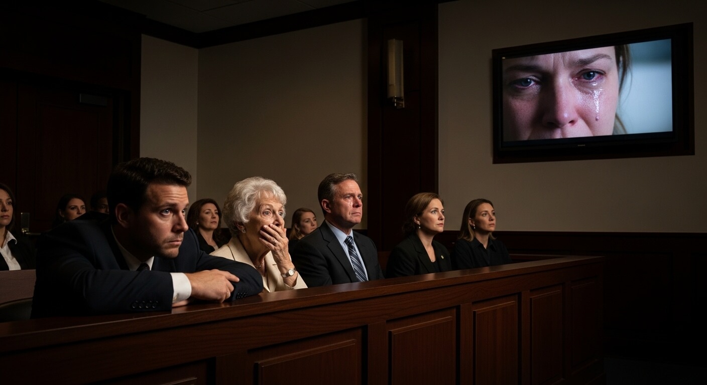 Jury members in a courtroom watching a screen showing a close-up of a woman crying with a tear on her cheek.
