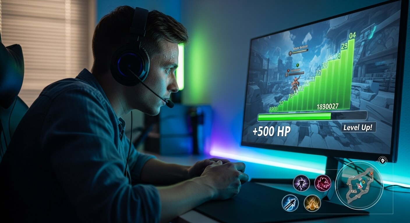 Man wearing headset playing a video game showing +500 HP and Level Up on screen with colorful LED lighting.
