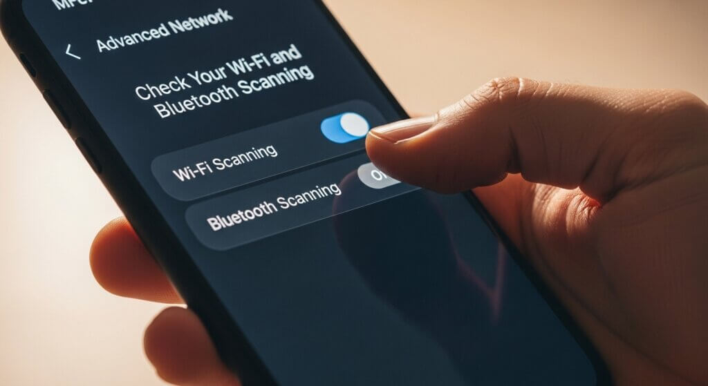 Hand toggling Wi-Fi Scanning on in Advanced Network settings on a smartphone.