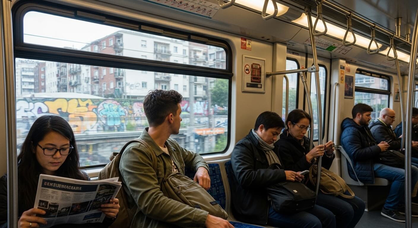 Passengers on a city train engaged in reading, using phones, and looking out the window with graffiti-covered buildings outside.