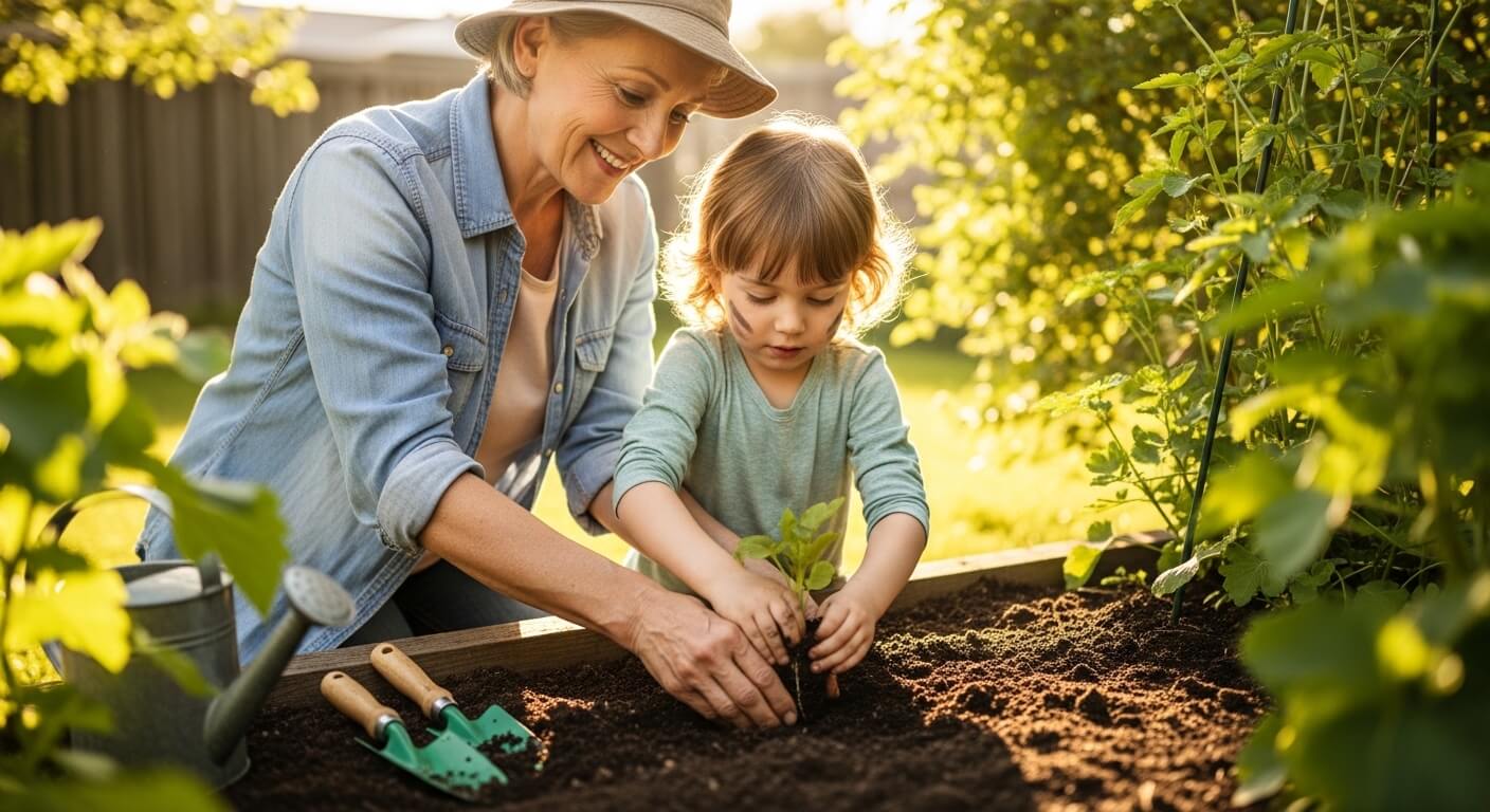 Woman and child planting a seedling together in a garden bed on a sunny day