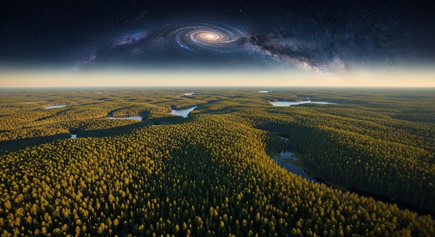 Dense forest with winding rivers under a starry sky featuring a large spiral galaxy above the horizon