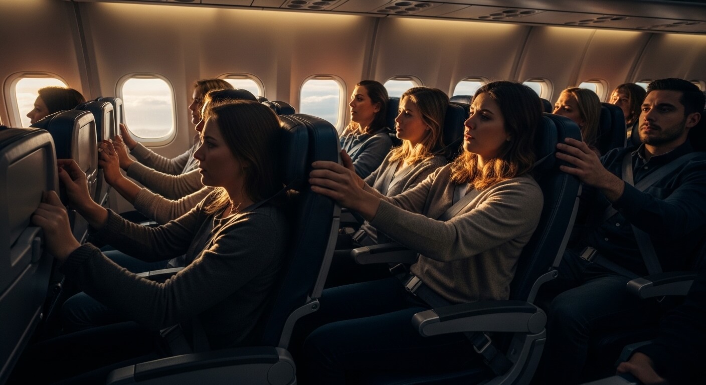 Passengers practicing airplane safety brace positions during a flight safety demonstration in an airplane cabin.