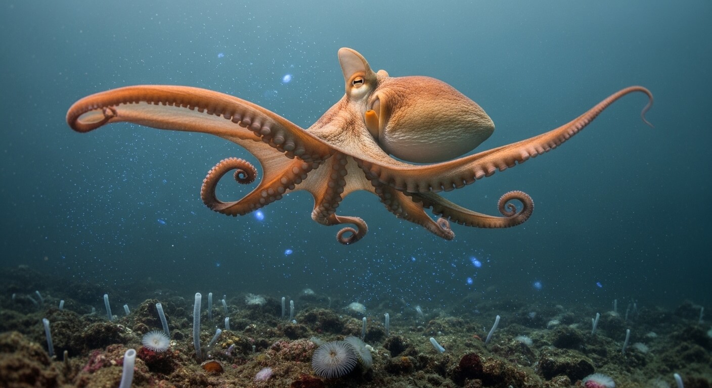 Octopus swimming above a rocky ocean floor with tube sponges and sea anemones.