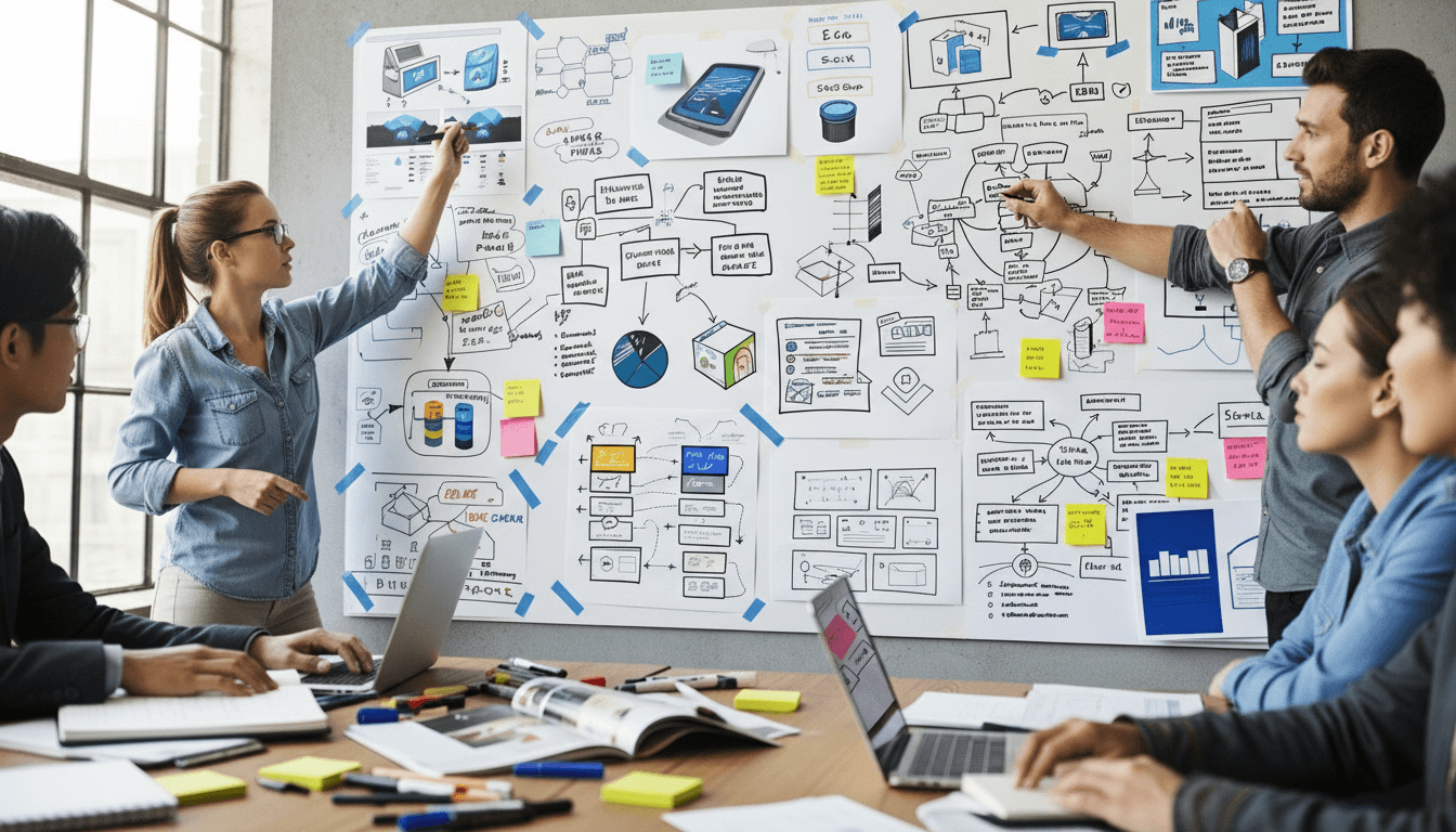 Team of five collaborating on a complex project with flowcharts, diagrams, and notes on a whiteboard in an office.