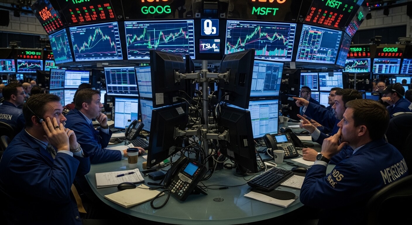 Stock traders in blue jackets monitor multiple screens with stock charts and data at a trading floor.