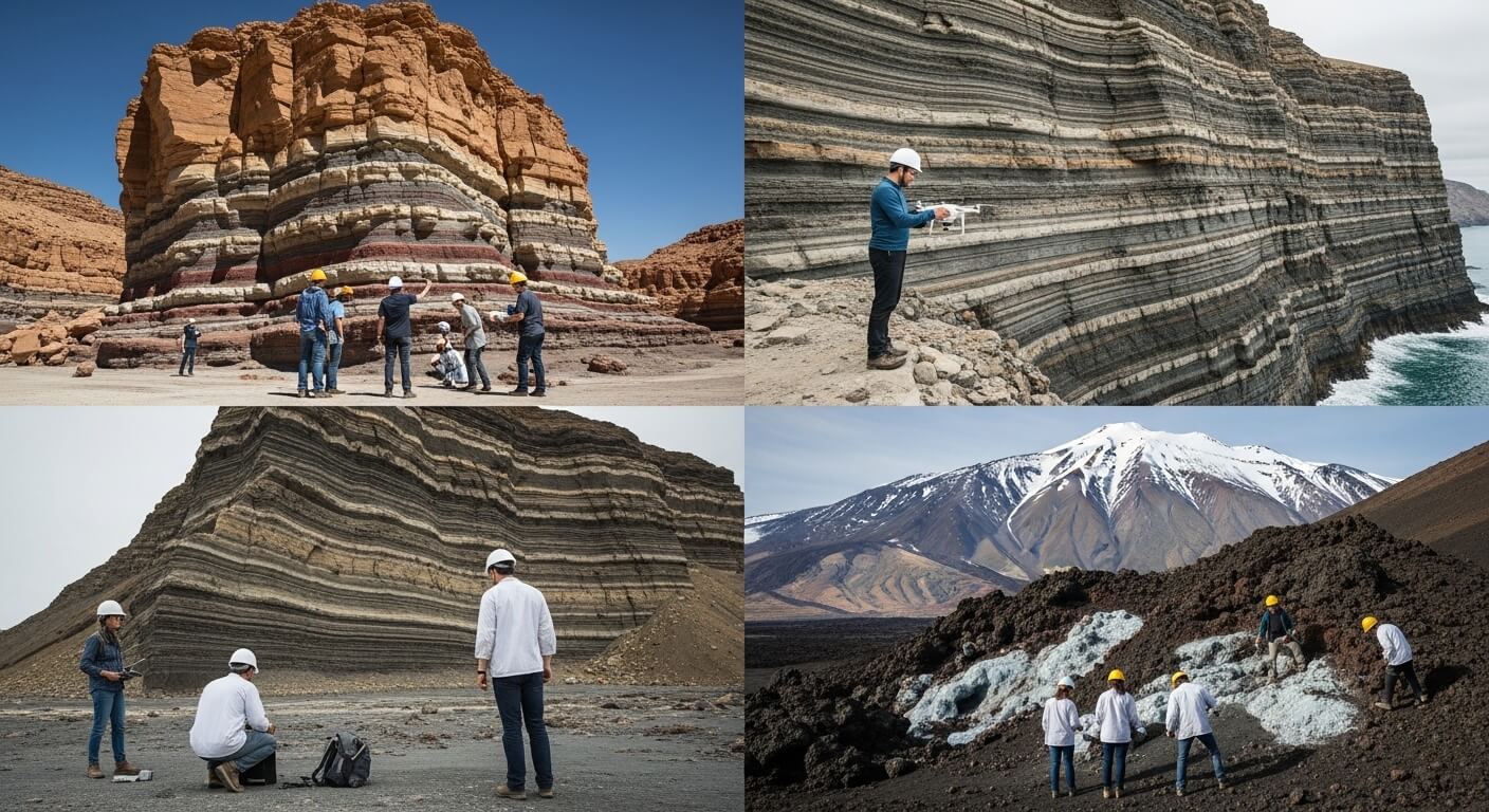 Geologists wearing helmets studying layered rock formations and volcanic terrain with snow-capped mountains in the background.