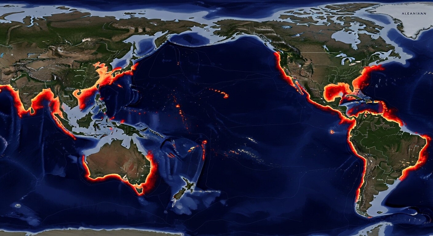 Map highlighting global volcanic and earthquake activity zones along the Pacific Ring of Fire and surrounding regions.