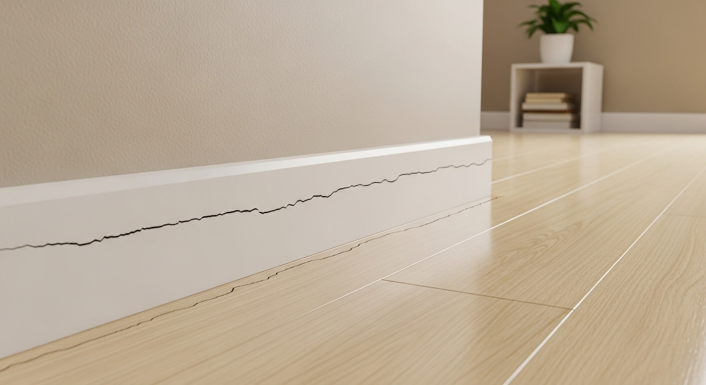 Crack running along white baseboard and reflected on light wood floor in a room with beige walls and a plant on a shelf.