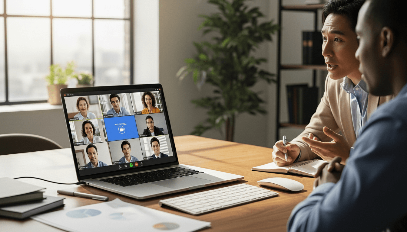 Two men in an office participating in a video conference with eight colleagues on a laptop screen.