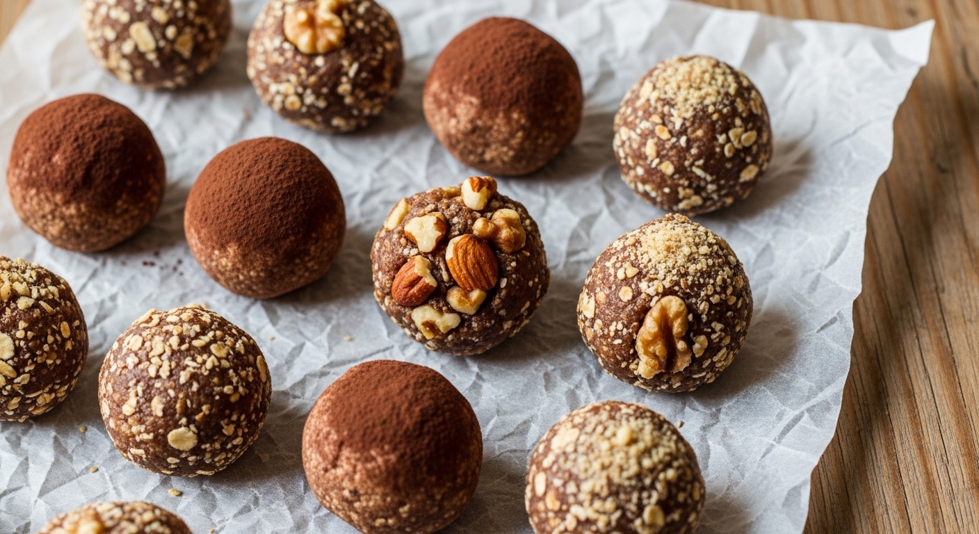 Assorted chocolate energy balls topped with nuts and oats on parchment paper