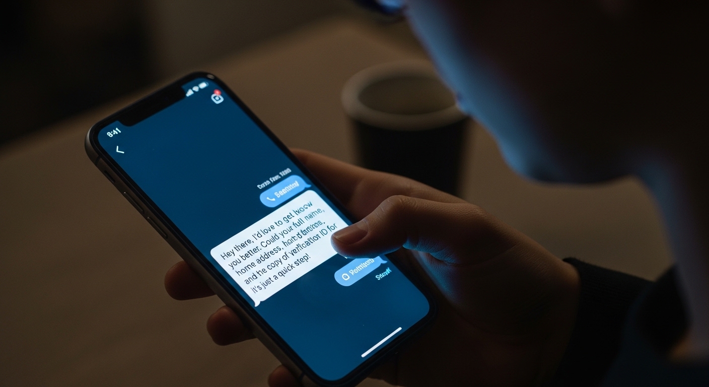 Person holding smartphone displaying a chat message requesting personal details including full name and home address.