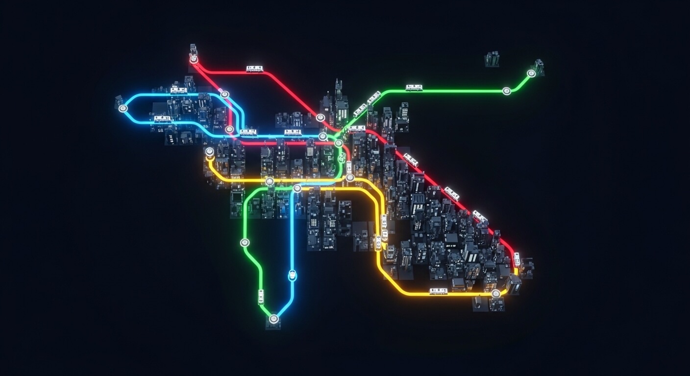 3D city model with colorful illuminated subway lines in red, green, blue, and yellow on a dark background