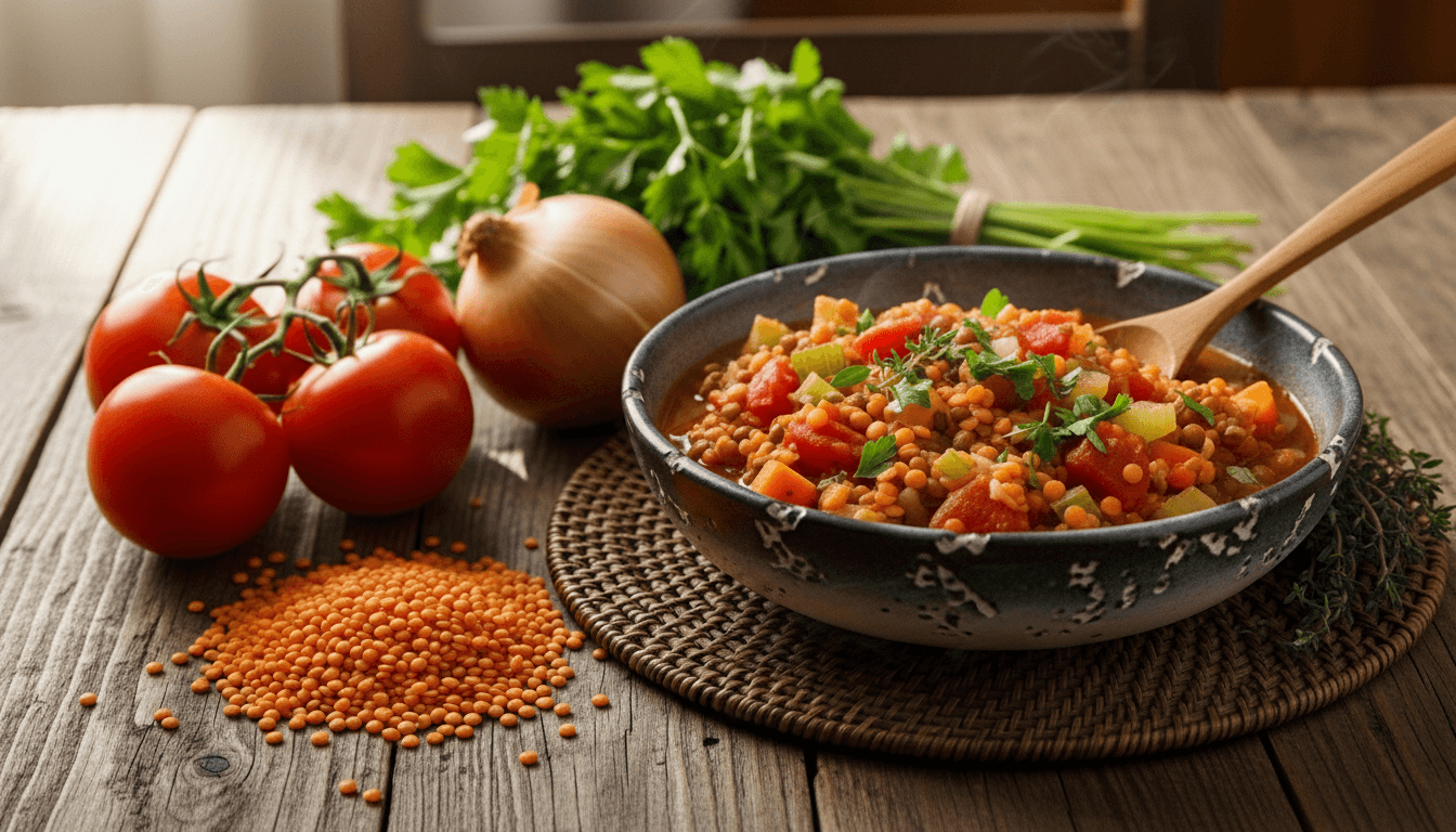 Bowl of lentil stew with tomatoes, celery, and herbs next to fresh tomatoes, onion, and parsley on wooden table