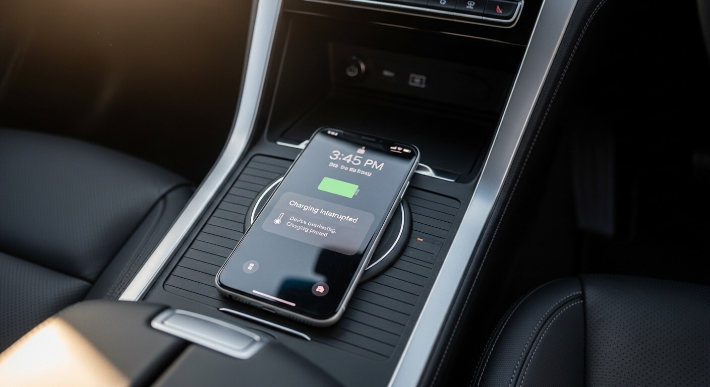 Smartphone showing "Charging Interrupted" on wireless charger in car center console