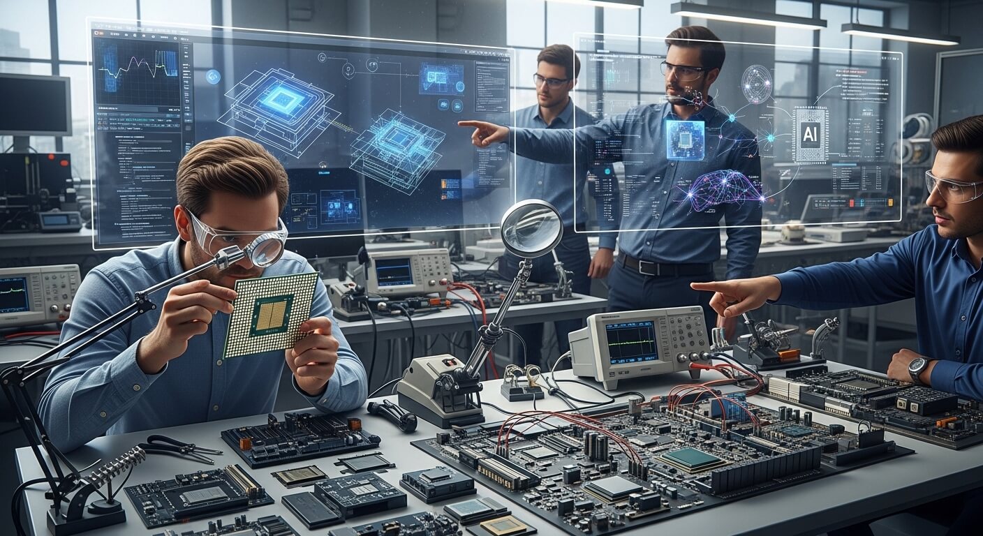 Engineers examining microchips and circuit boards with augmented reality displays in a high-tech lab.