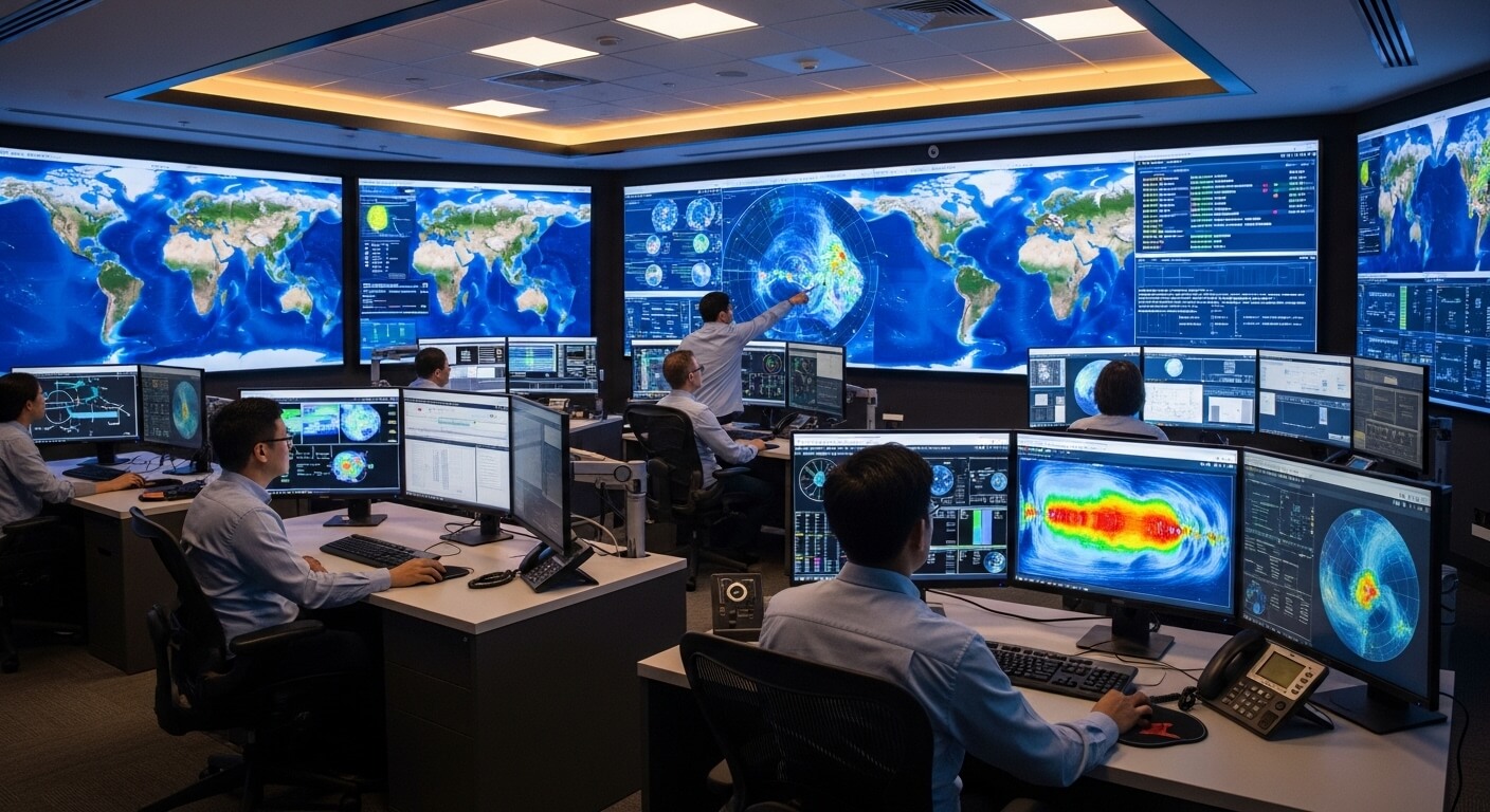 Team of analysts monitoring global data and weather patterns on multiple large screens in a control room