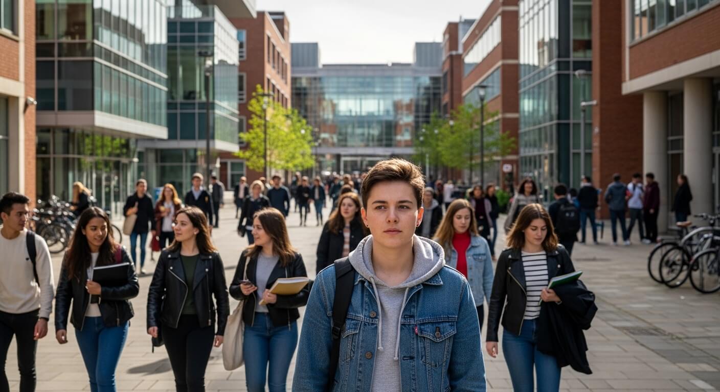 Young students walking on a university campus pathway between modern glass and brick buildings on a sunny day
