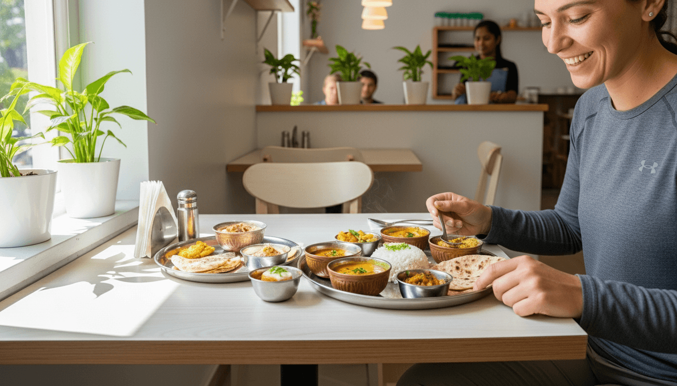 Woman in gray Under Armour shirt eating Indian thali meal with rice, chapati, and various dishes at a restaurant table