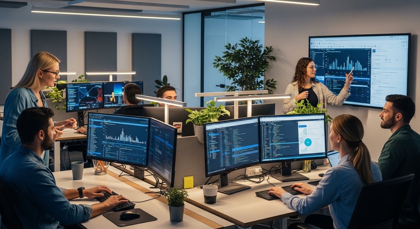 Team of software developers collaborating in an office with multiple monitors displaying code and data charts