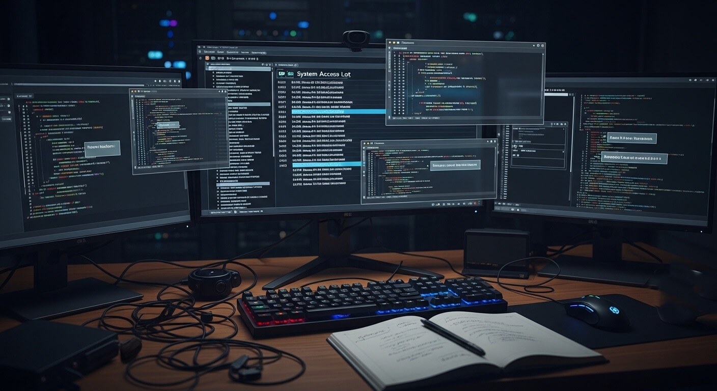 Multiple computer monitors displaying programming code and system access logs on a desk with a keyboard, mouse, and notebook.