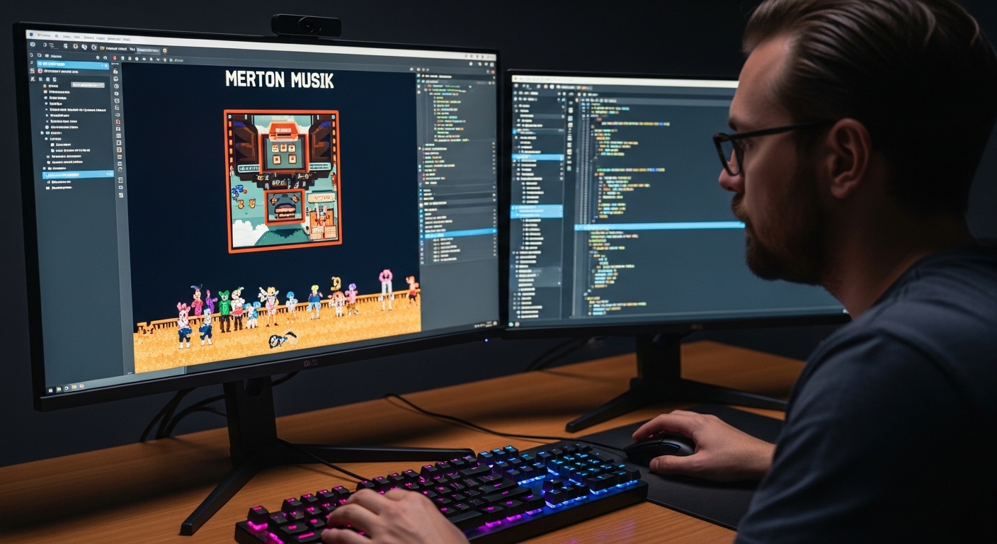 Man with glasses coding on dual monitors, one screen shows pixel art titled "Merton Musik" with colorful characters.
