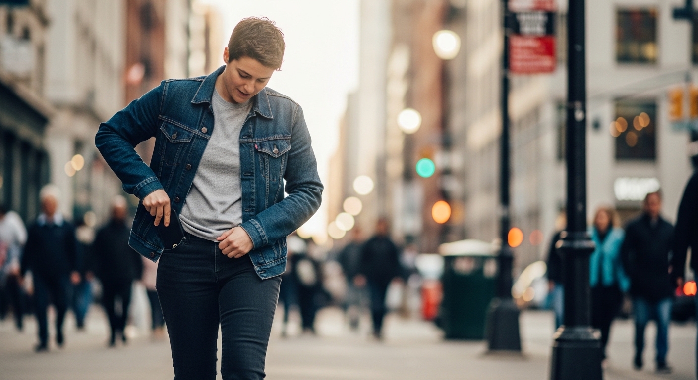 Person in denim jacket and gray shirt putting a phone into their pocket on a busy city street.