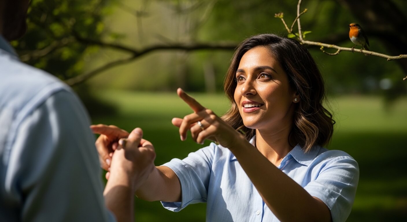 Woman in blue shirt pointing while holding hands with a person outdoors near a robin on a tree branch