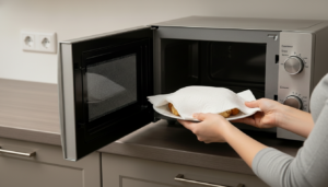 Hands placing a plate of food covered with a paper towel into a silver microwave oven in a kitchen.
