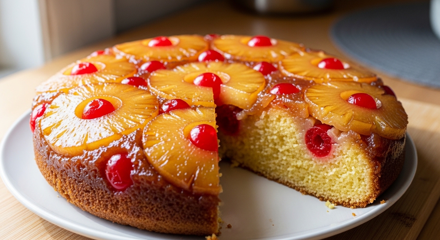 Pineapple upside-down cake with maraschino cherries on a white plate, one slice removed.