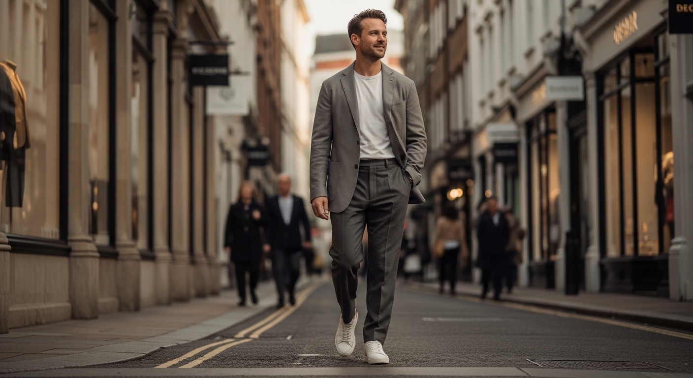 Man in gray suit and white sneakers walking confidently on a city street with blurred pedestrians in the background