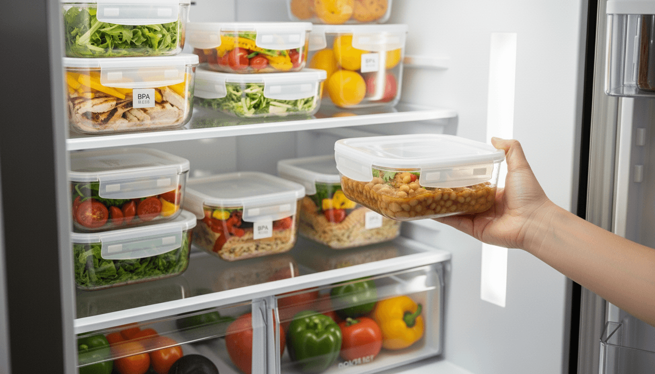 Hand holding a plastic container with chickpeas inside a refrigerator filled with various fresh vegetables in containers