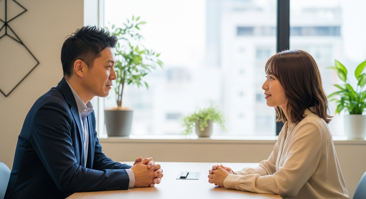 Two professionals in business attire sitting across a table having a conversation in a modern office.