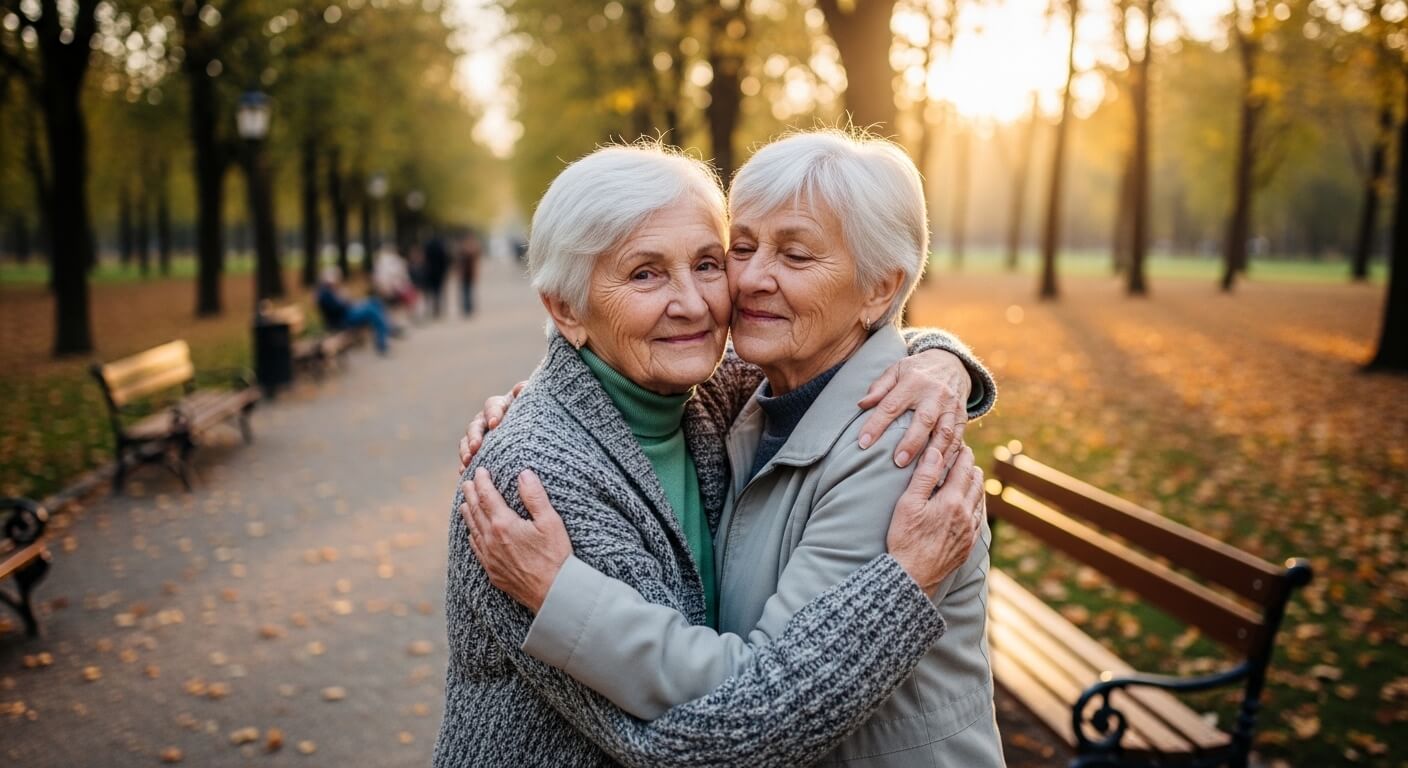 Two elderly women with white hair hugging affectionately in a sunlit autumn park pathway with benches.