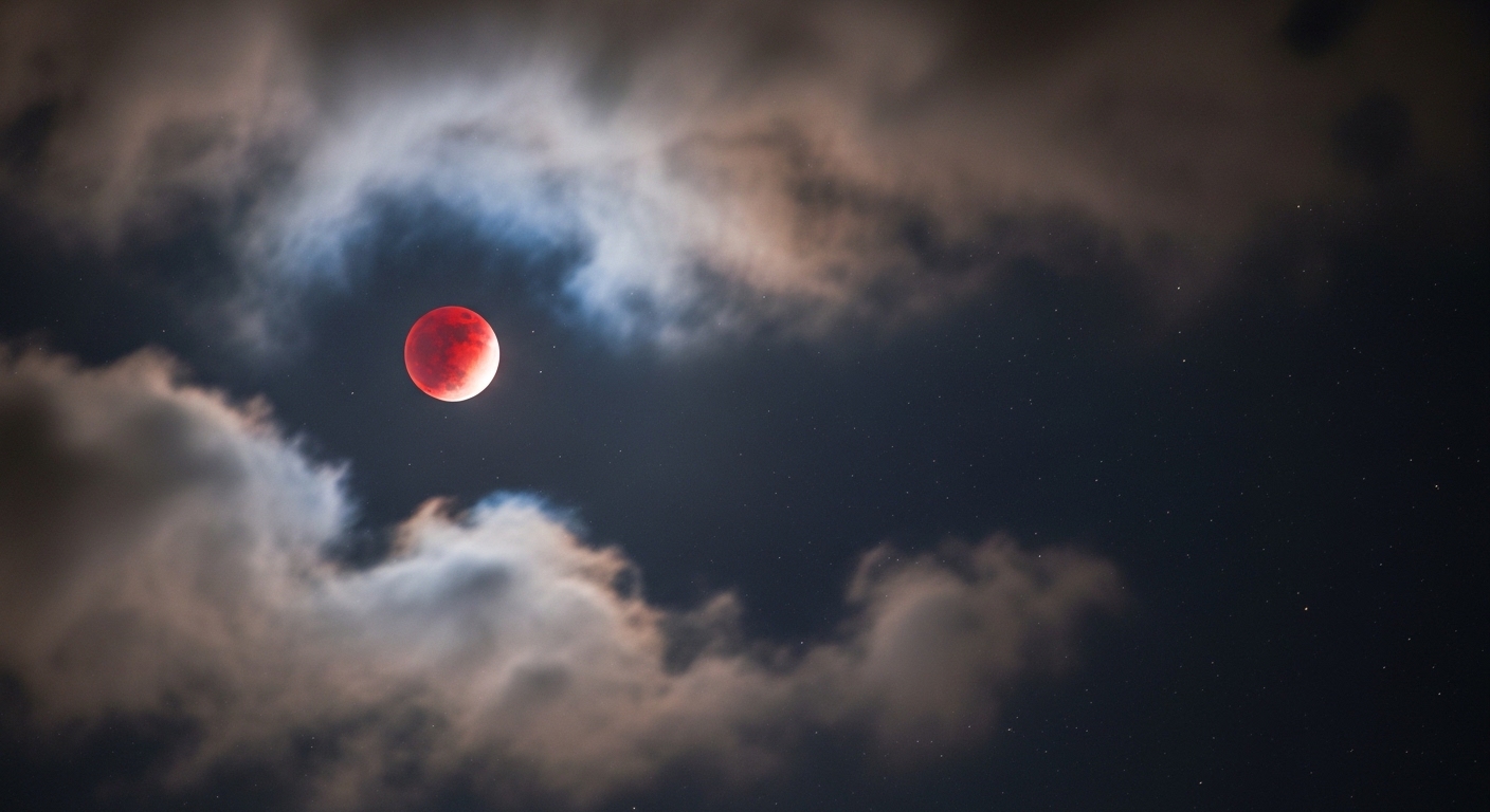 Blood moon during a lunar eclipse surrounded by dark clouds and stars in the night sky.