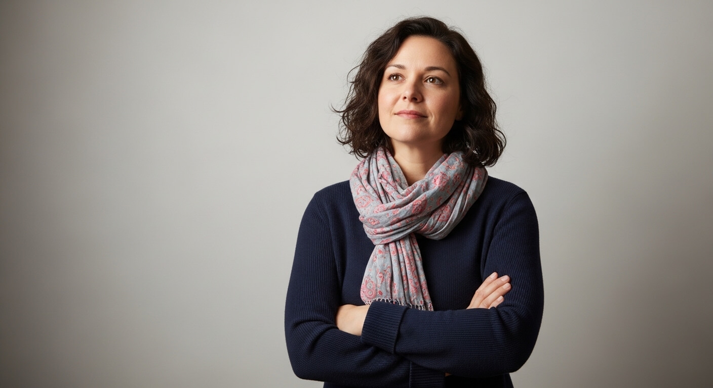 Woman with dark curly hair wearing a navy sweater and patterned scarf, arms crossed, looking thoughtfully to the side