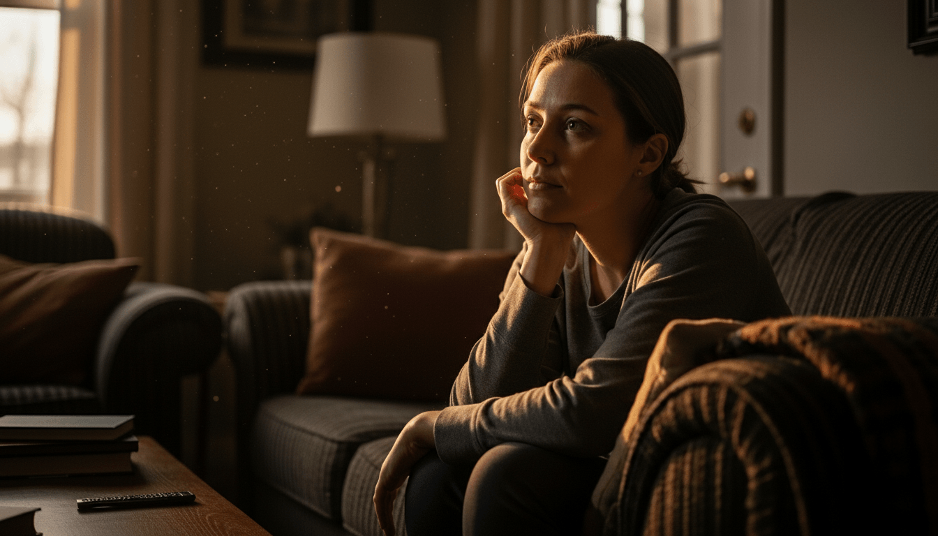 Woman sitting on a couch resting her chin on her hand, gazing thoughtfully in a dimly lit living room.