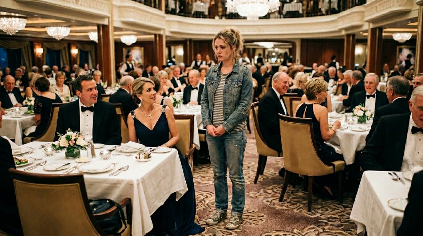 Young woman in casual denim stands in a formal dining room with guests in tuxedos and evening gowns seated at tables